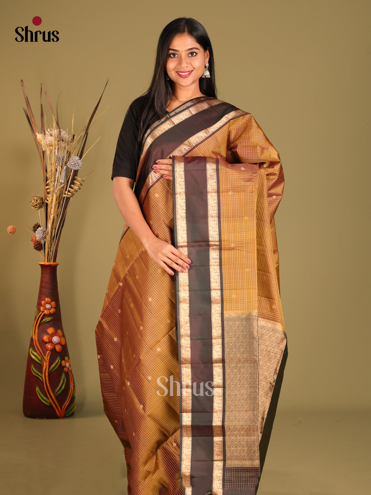Honey & Brown Soft Silk Saree with zari checks, buttas , rettaipet border - Shop on Shrus.com