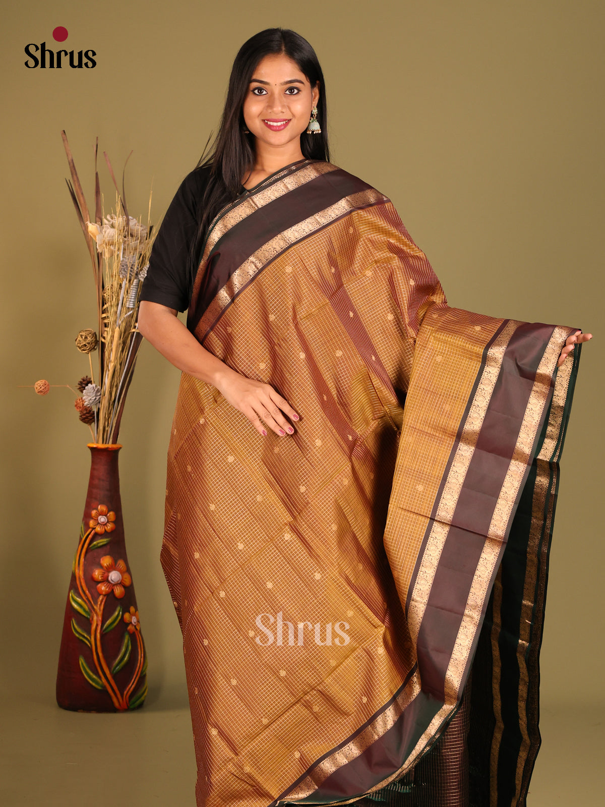 Honey & Brown Soft Silk Saree with zari checks, buttas , rettaipet border - Shop on Shrus.com