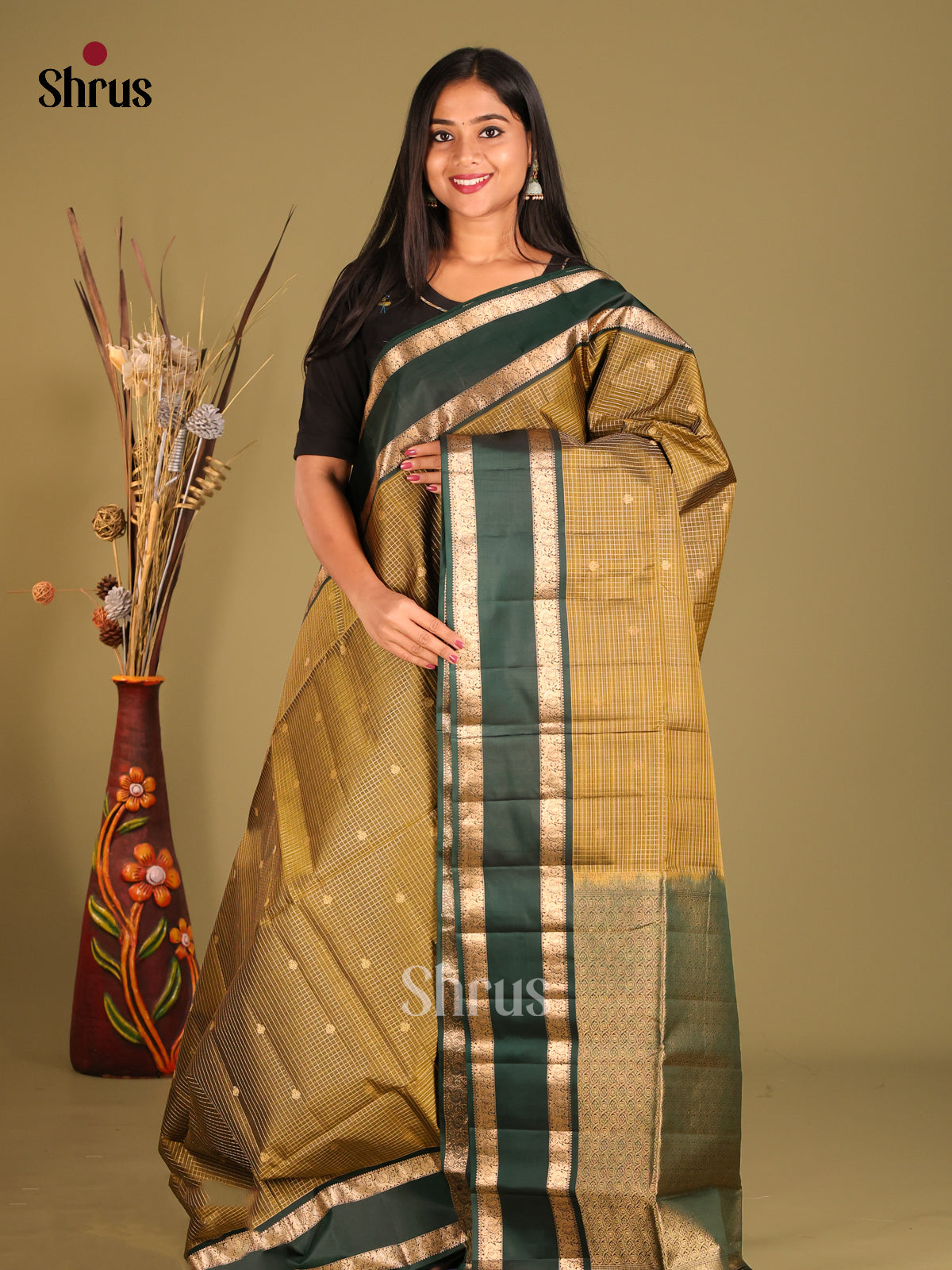 Chutney Green & Green Soft Silk Saree with zari checks, buttas