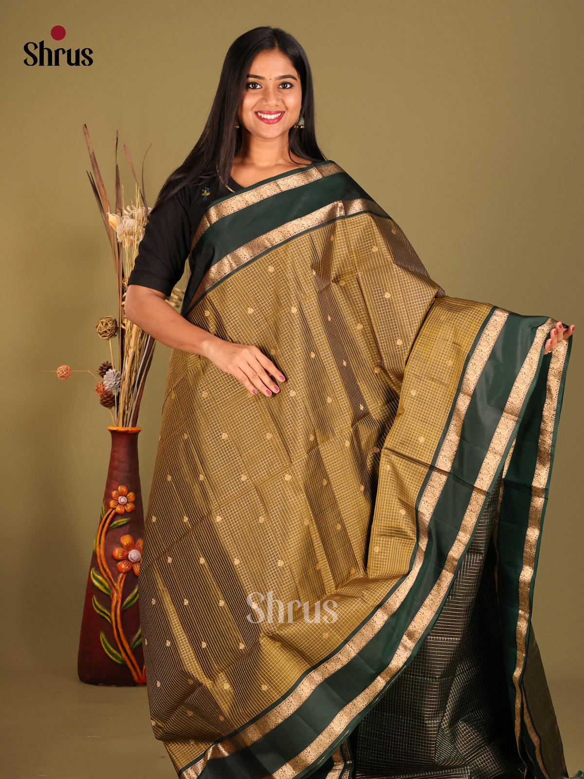Chutney Green & Green Soft Silk Saree with zari checks, buttas