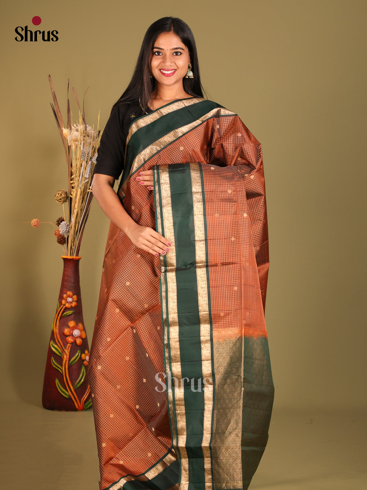 Brown & Green Soft Silk Saree with contrast Rettaipet zari border