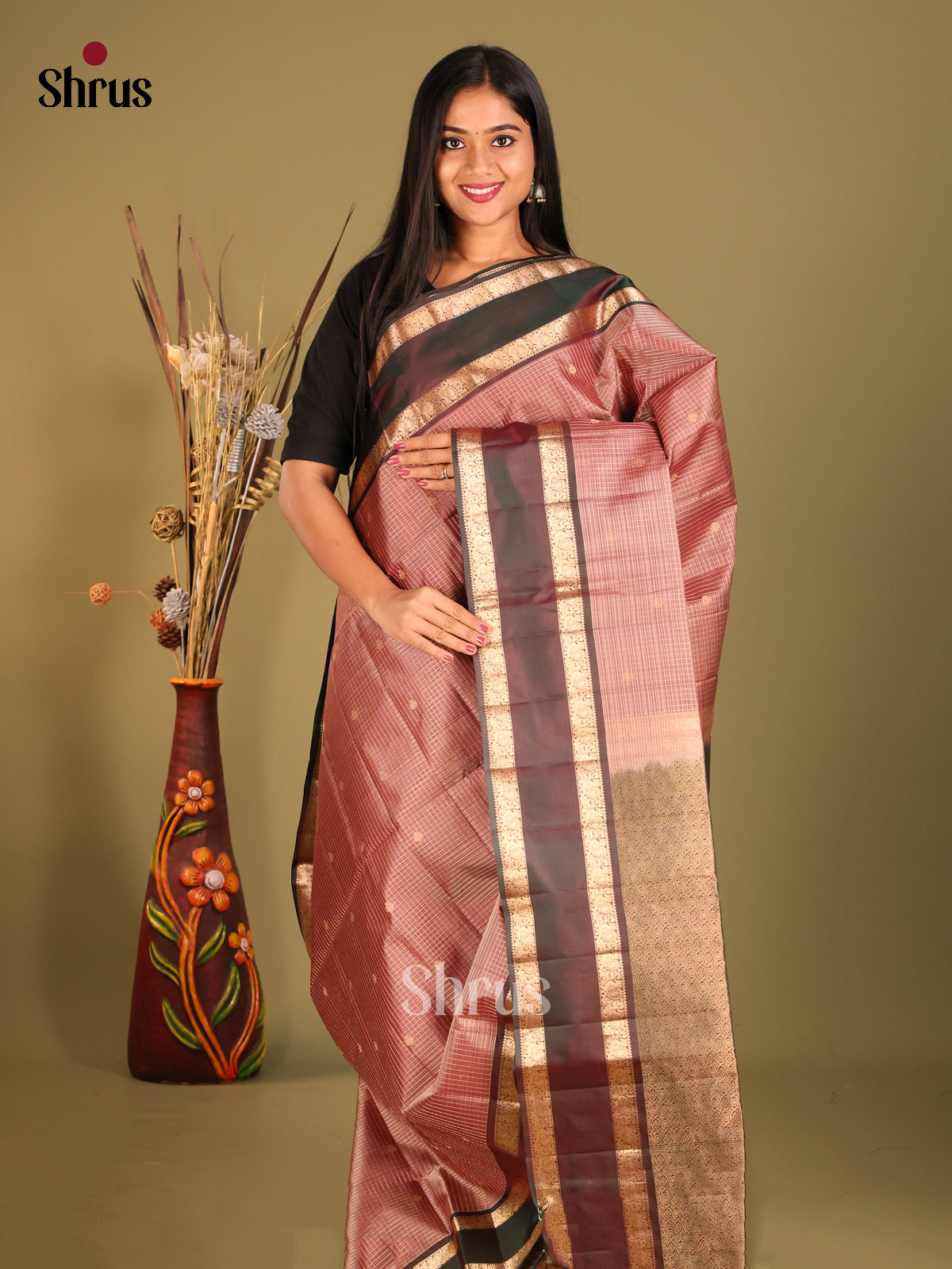 Onion Peel & Brown Soft Silk Saree with zari checks, buttas - Shop on Shrus.com