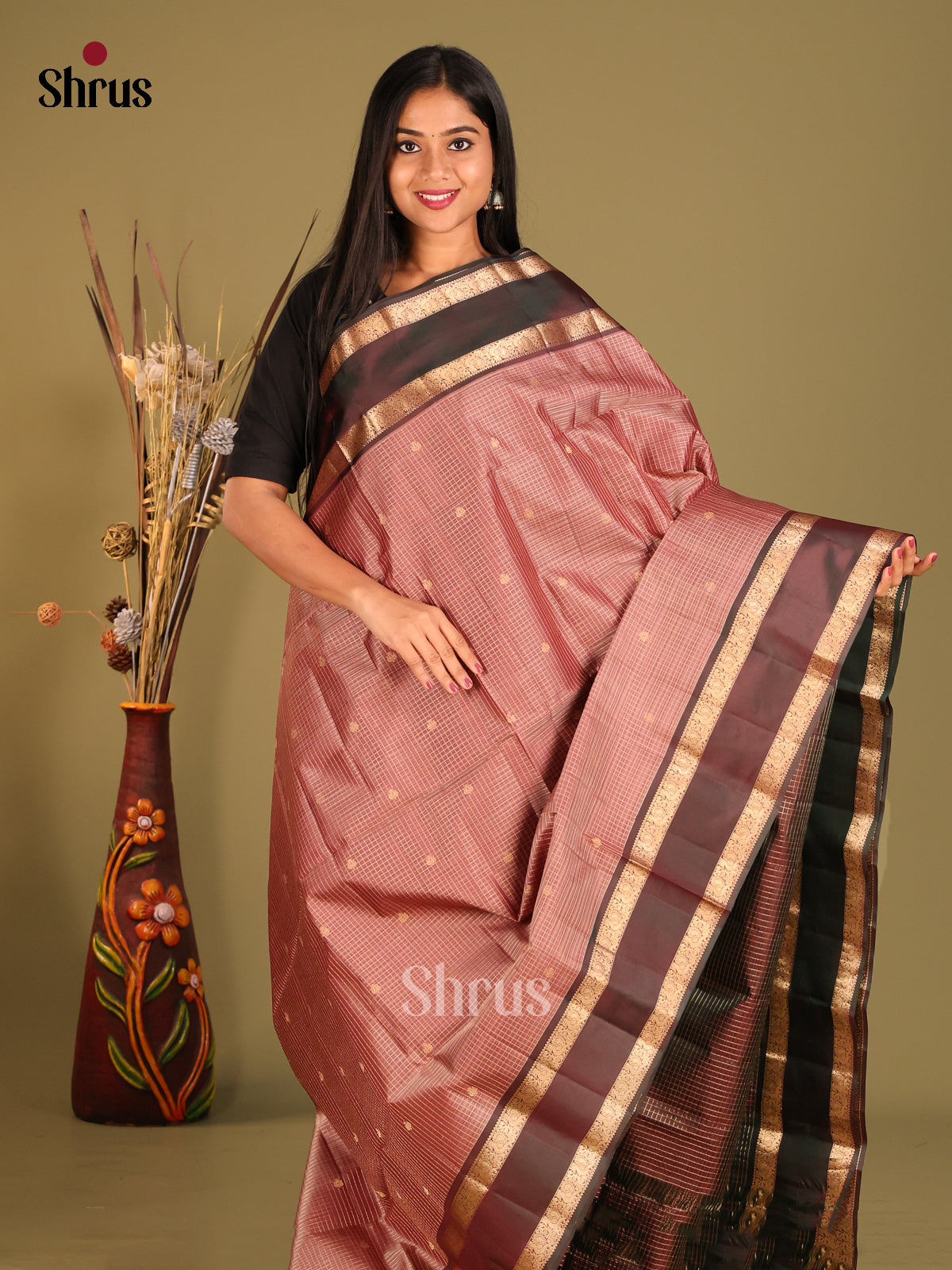 Onion Peel & Brown Soft Silk Saree with zari checks, buttas - Shop on Shrus.com