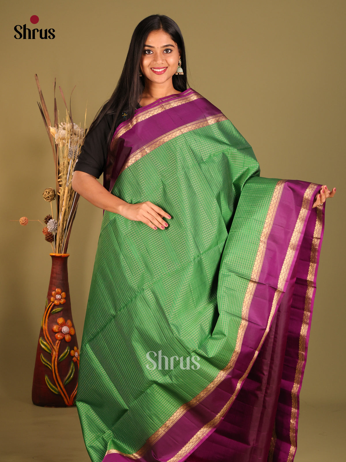 Classy Green Soft Silk Saree with zari kattam & Purple Rettaipet Zari Border -1