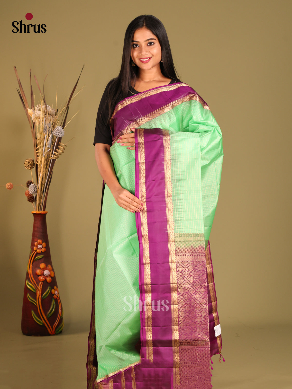 Pista Green & Purple Soft Silk Saree with zari kattam , Rettaipet border