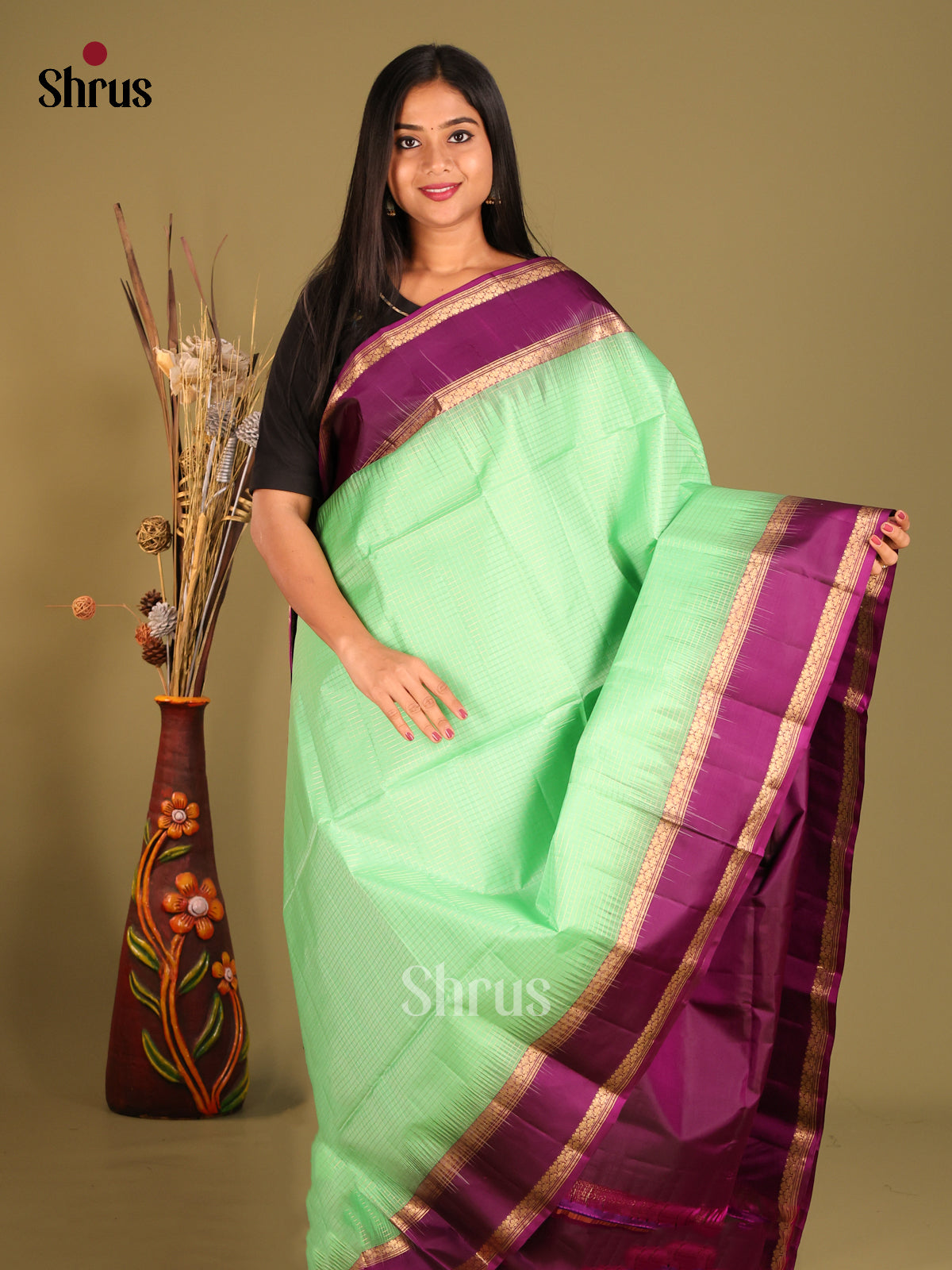 Pista Green & Purple Soft Silk Saree with zari kattam , Rettaipet border
