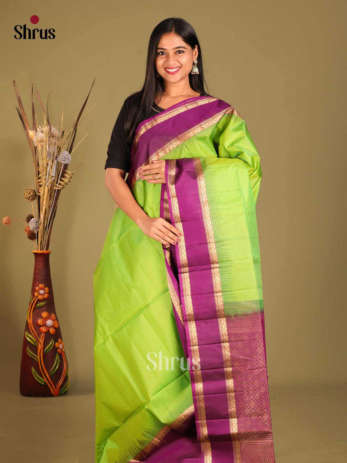 Radiant Light Green Soft Silk Saree with zari checks & Purple rettaipet border - Shop on Shrus.com