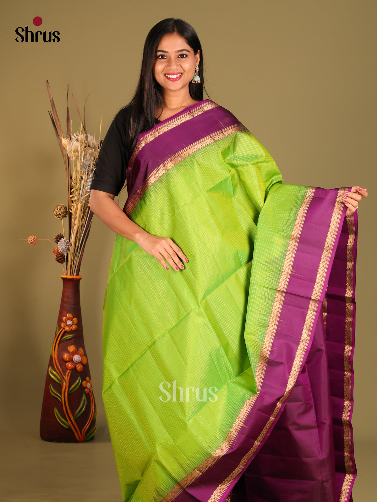 Radiant Light Green Soft Silk Saree with zari checks & Purple rettaipet border - Shop on Shrus.com