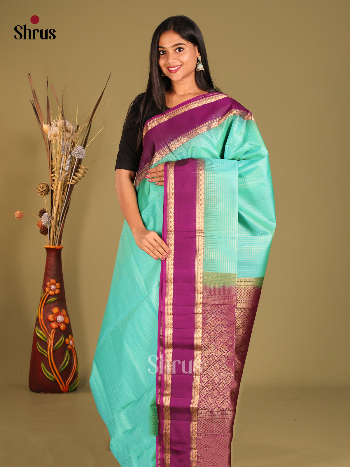 Teal & Purple Soft Silk Saree with zari kattam - Shop on Shrus.com