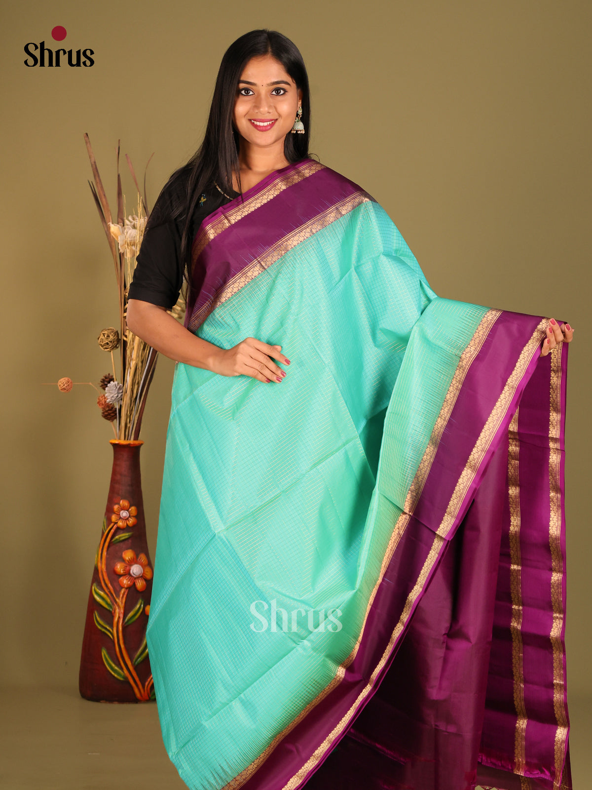 Teal & Purple Soft Silk Saree with zari kattam - Shop on Shrus.com