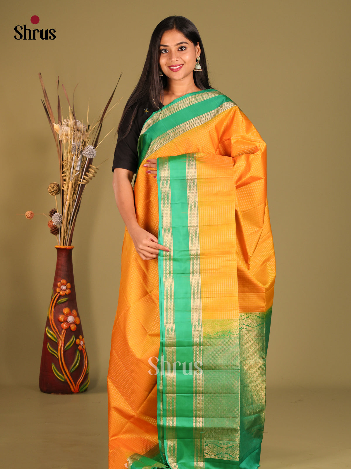 Classic Mambazha YellowSoft Silk Saree with Stripes & Green Rettaipet zari border