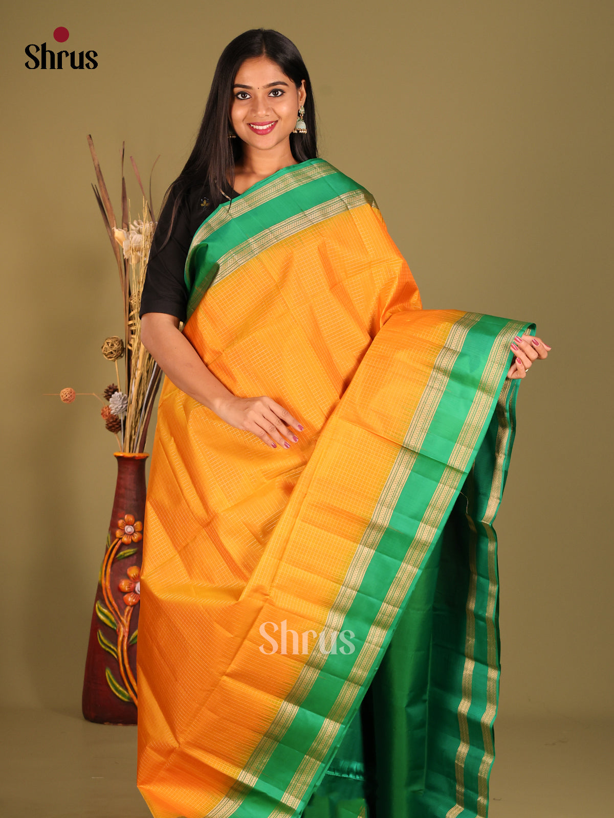 Classic Mambazha YellowSoft Silk Saree with Stripes & Green Rettaipet zari border