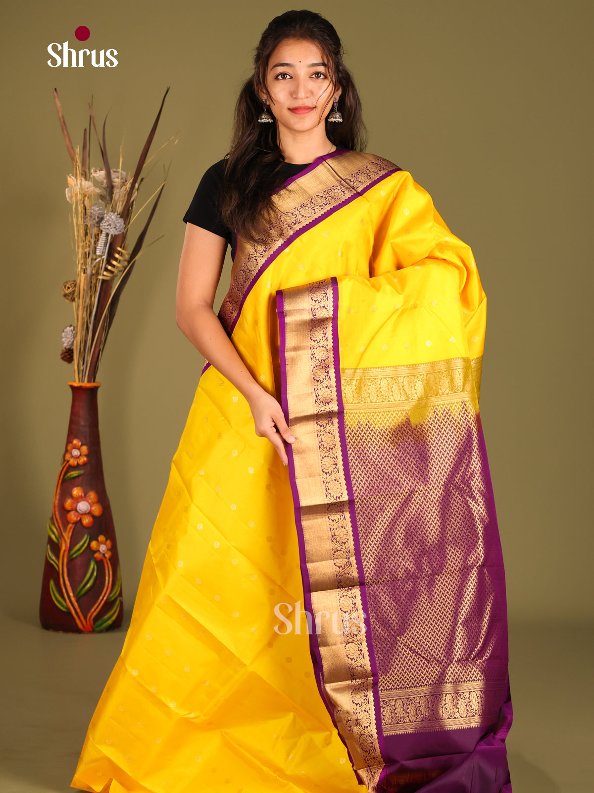 Radiant Yellow Korvai Kanchipuram Silk Saree with zari buttas & Purple Border - Shop on Shrus.com
