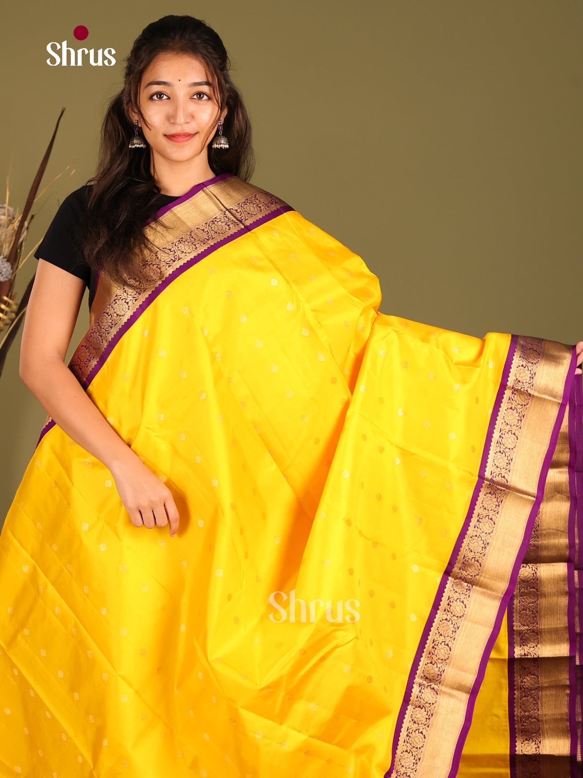 Radiant Yellow Korvai Kanchipuram Silk Saree with zari buttas & Purple Border - Shop on Shrus.com