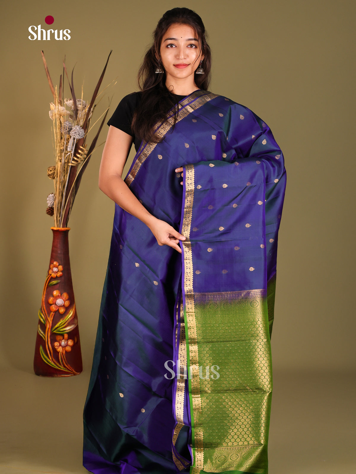 Blue & Green Kanchipuram Korvai Silk Saree with zari micro buttas