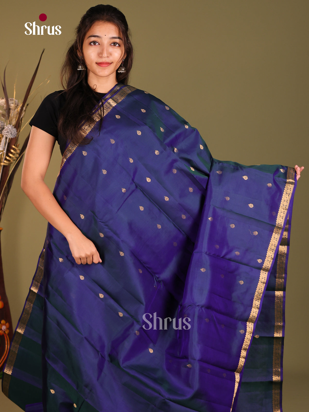 Blue & Green Kanchipuram Korvai Silk Saree with zari micro buttas