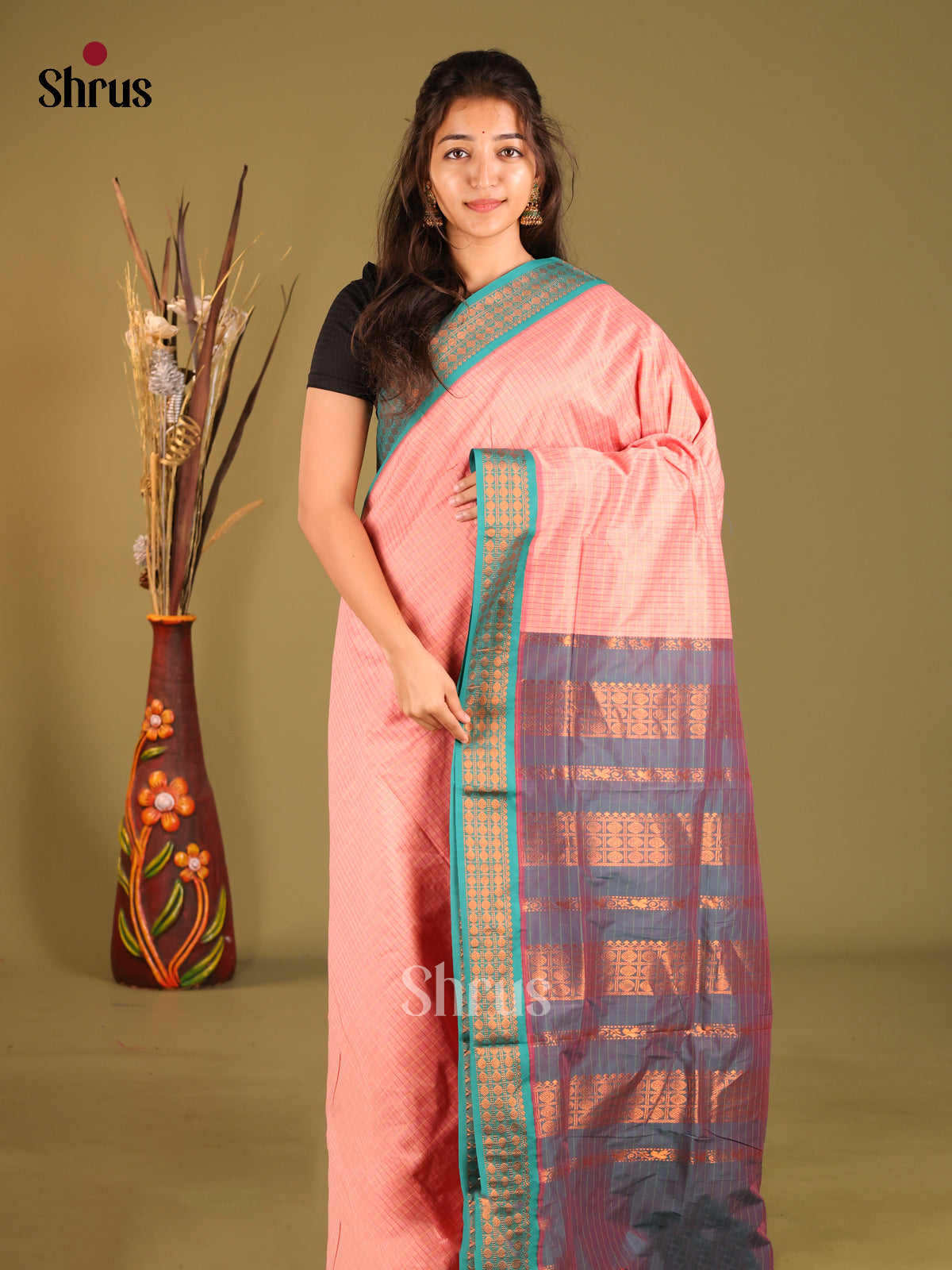 Pink & Teal - Kalyani Cotton Saree - Shop on Shrus.com