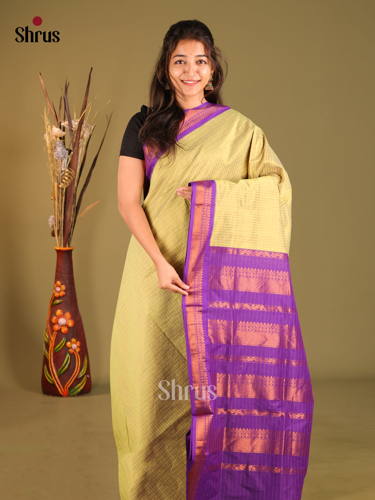 Light Green & Purple - Kalyani Cotton Saree - Shop on Shrus.com