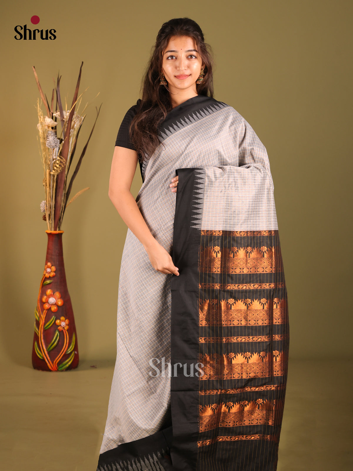 Grey & Black - Kalyani Cotton Saree - Shop on Shrus.com