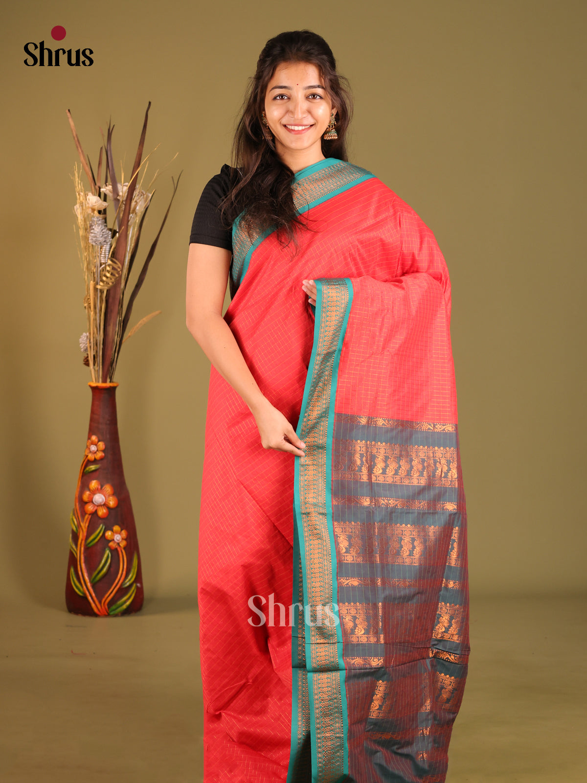 Red & Teal - Kalyani Cotton Saree - Shop on Shrus.com
