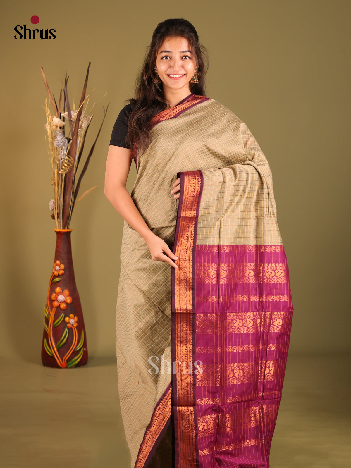 Grey & Purple - Kalyani Cotton Saree - Shop on Shrus.com