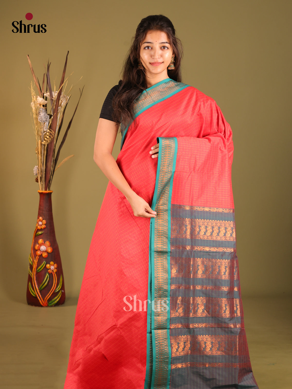 Reddish Pink & Teal - Kalyani Cotton Saree - Shop on Shrus.com