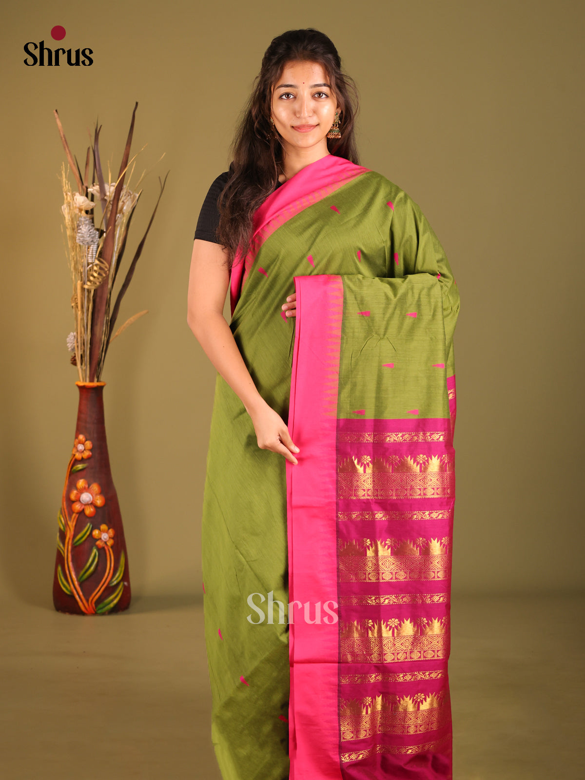 Green & Pink- Kalyani Cotton Saree - Shop on Shrus.com