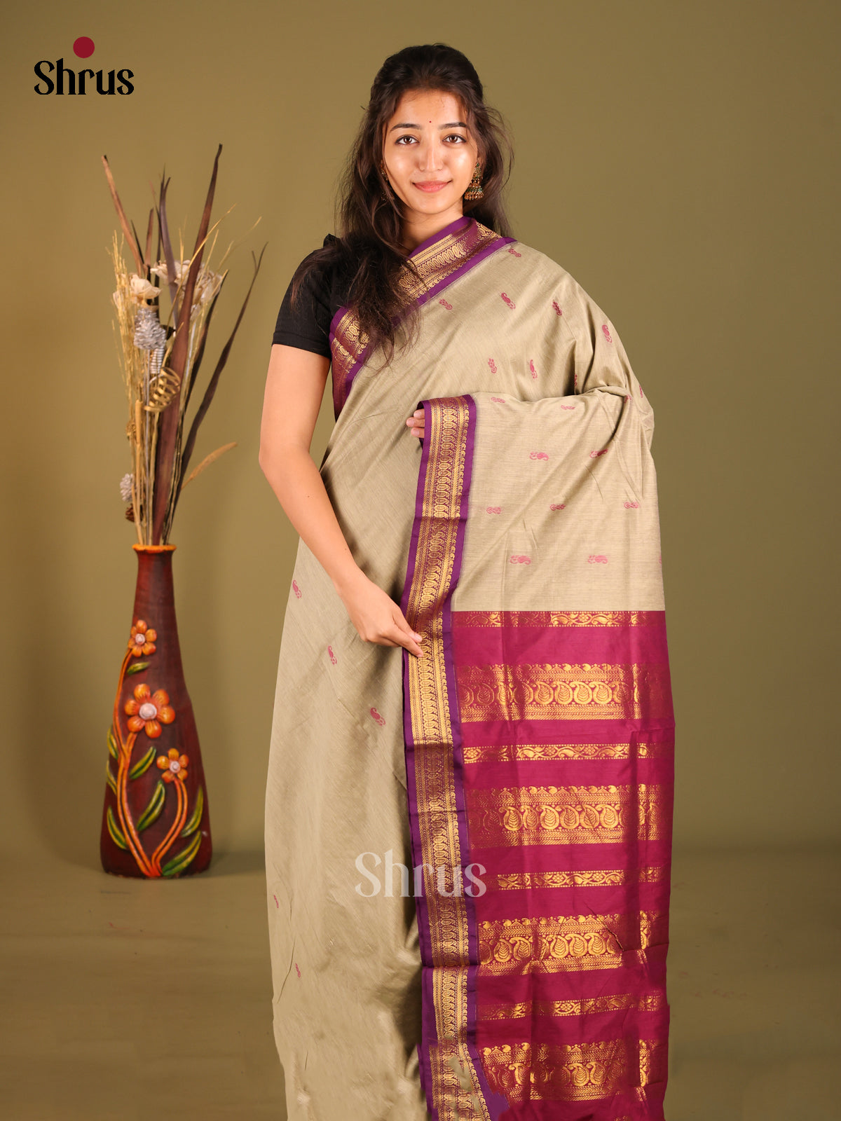 Grey & Maroon - Kalyani Cotton Saree - Shop on Shrus.com