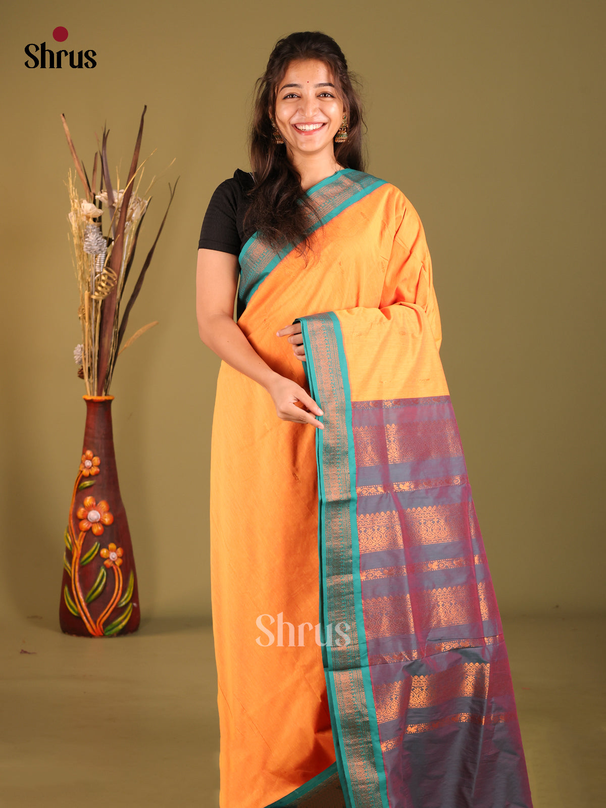 Orange & Blue - Kalyani Cotton Saree - Shop on Shrus.com