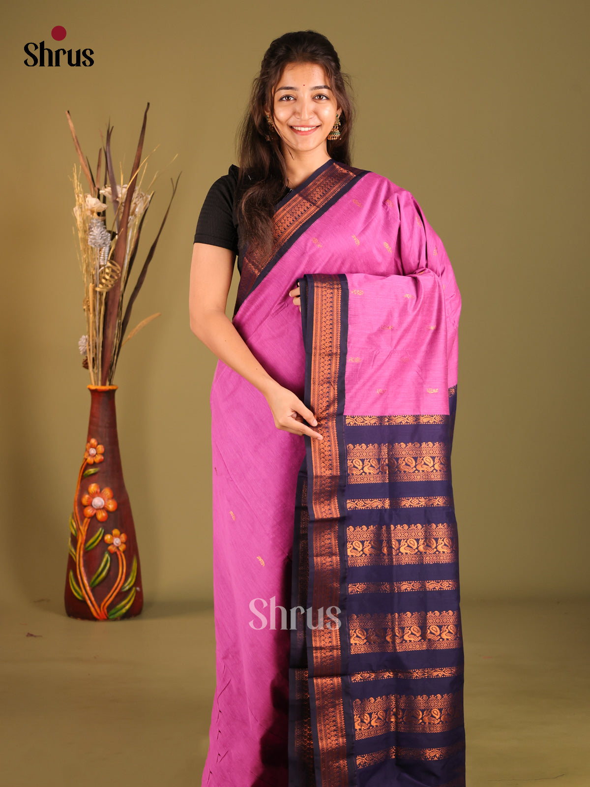 Pink & Blue - Kalyani Cotton Saree - Shop on Shrus.com