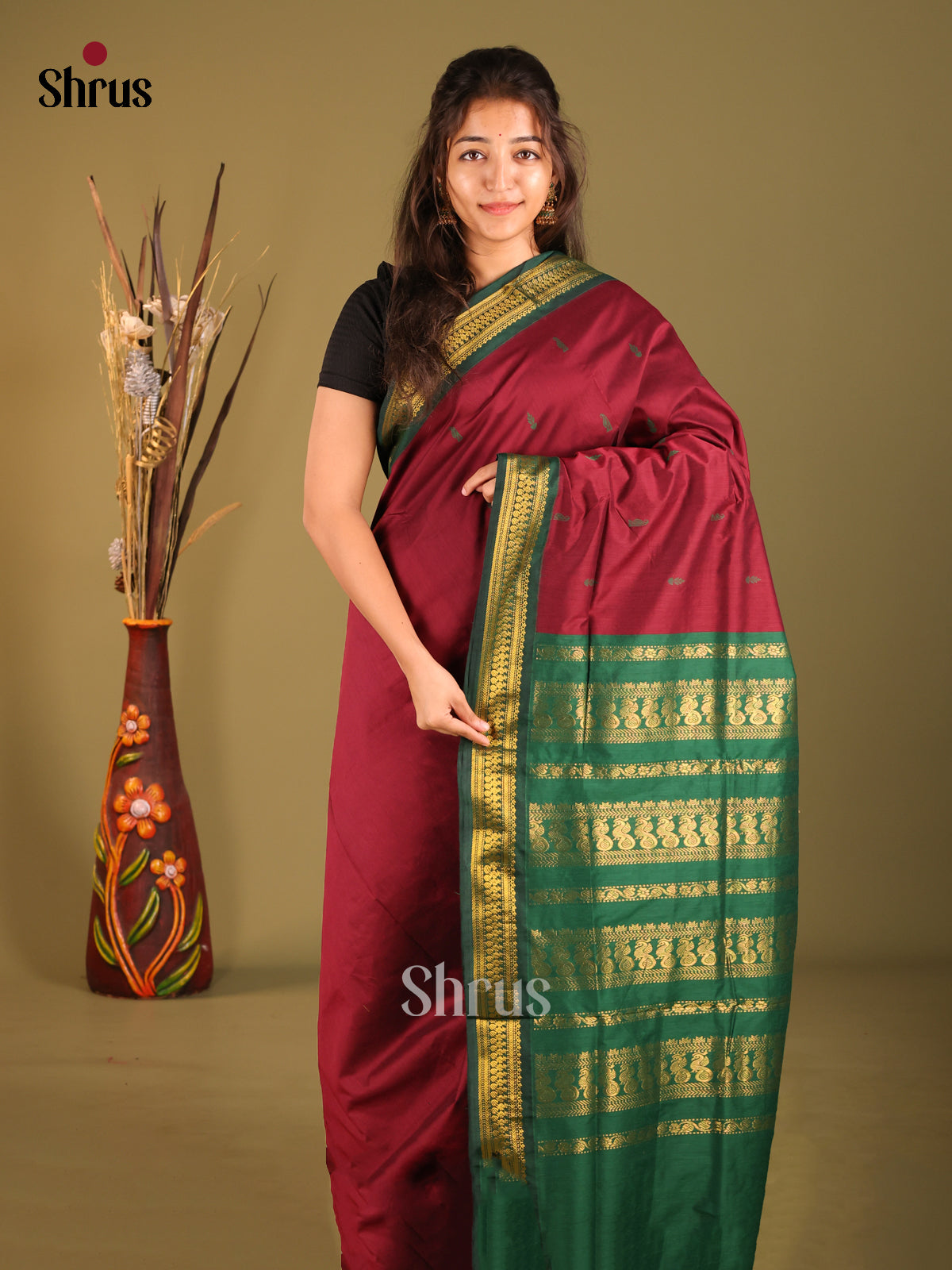 Maroon & Green - Kalyani Cotton Saree - Shop on Shrus.com