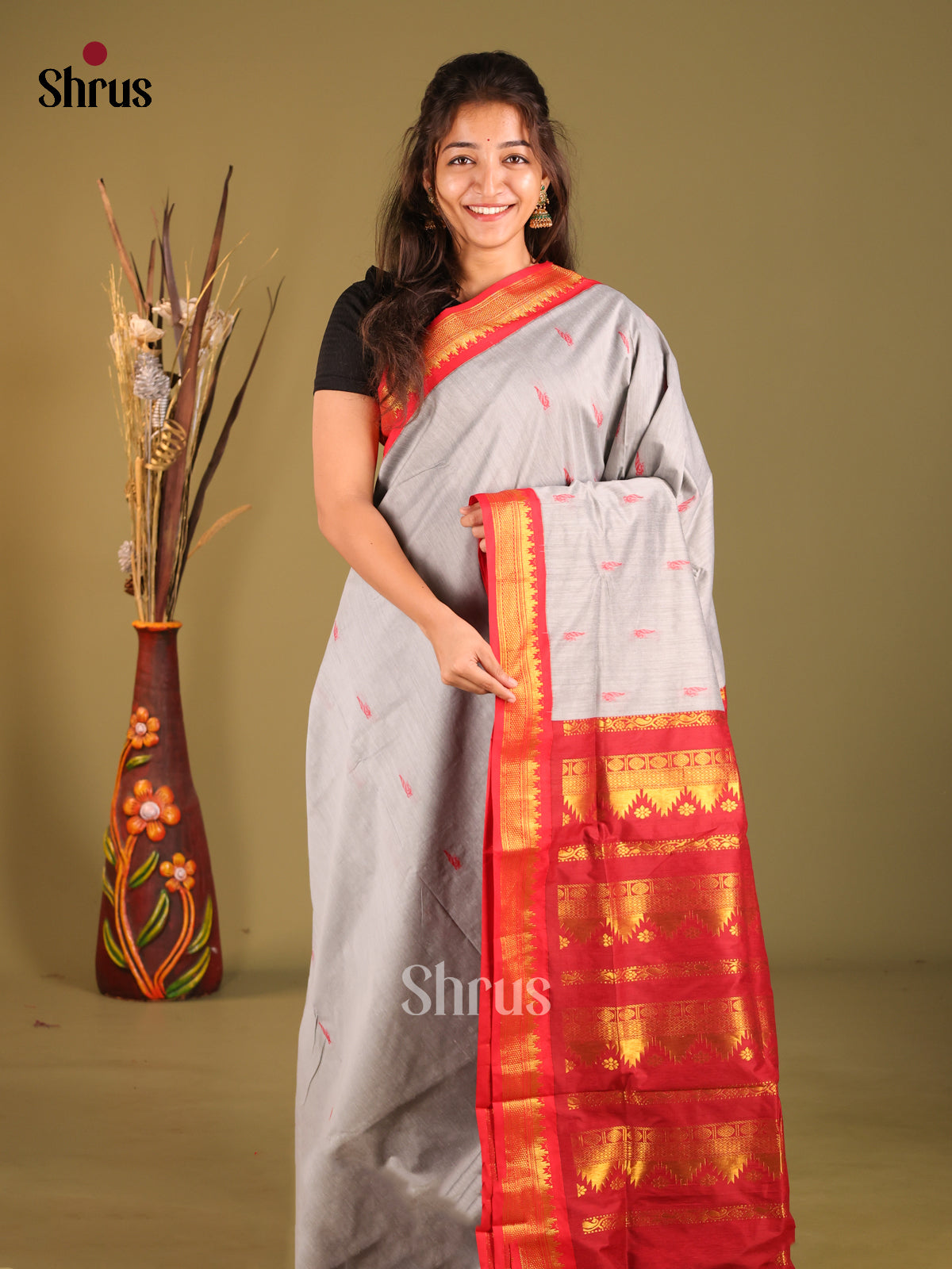 Grey & Red- Kalyani Cotton Saree - Shop on Shrus.com