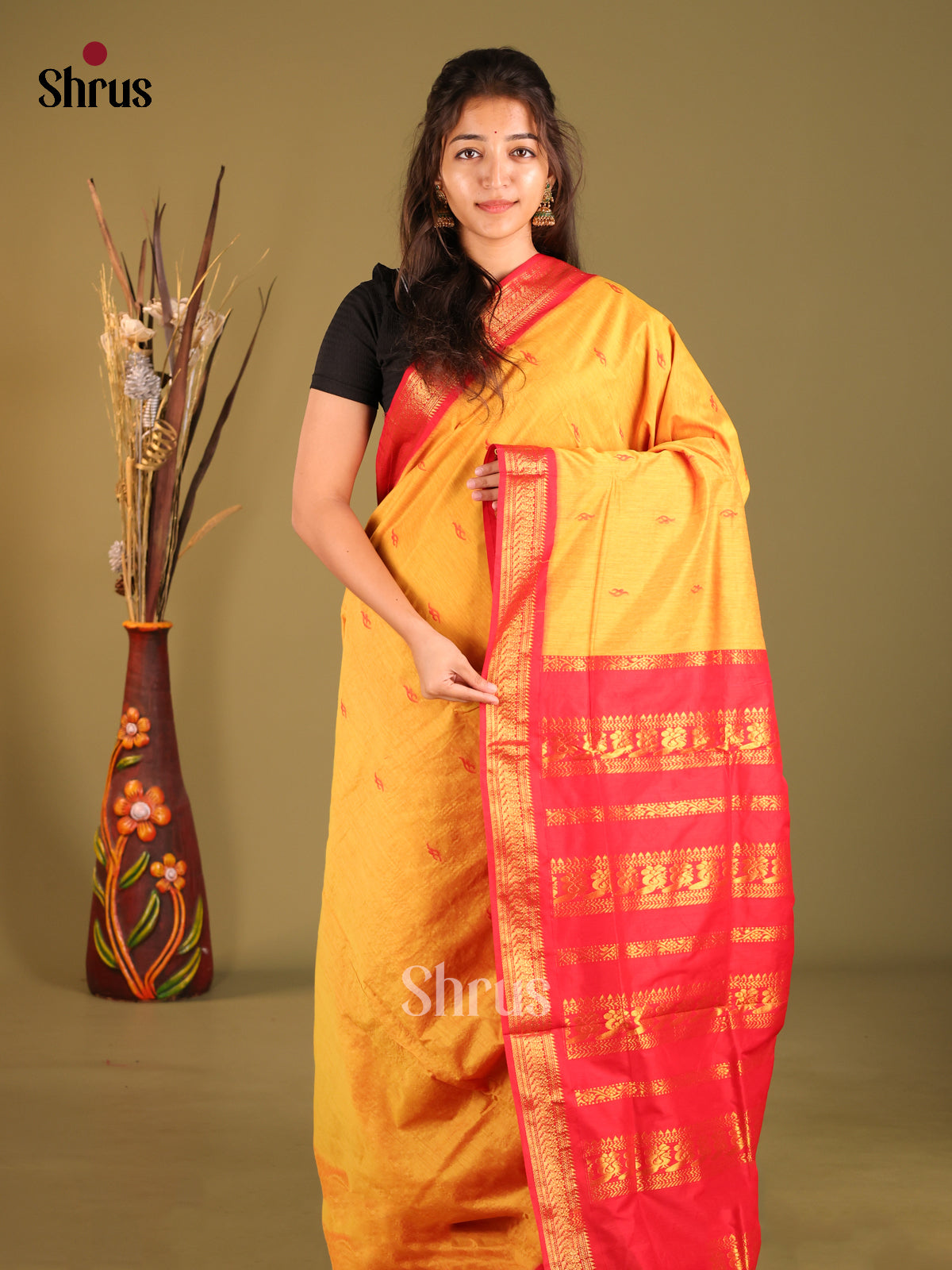 Yellow & Red - Kalyani Cotton Saree - Shop on Shrus.com