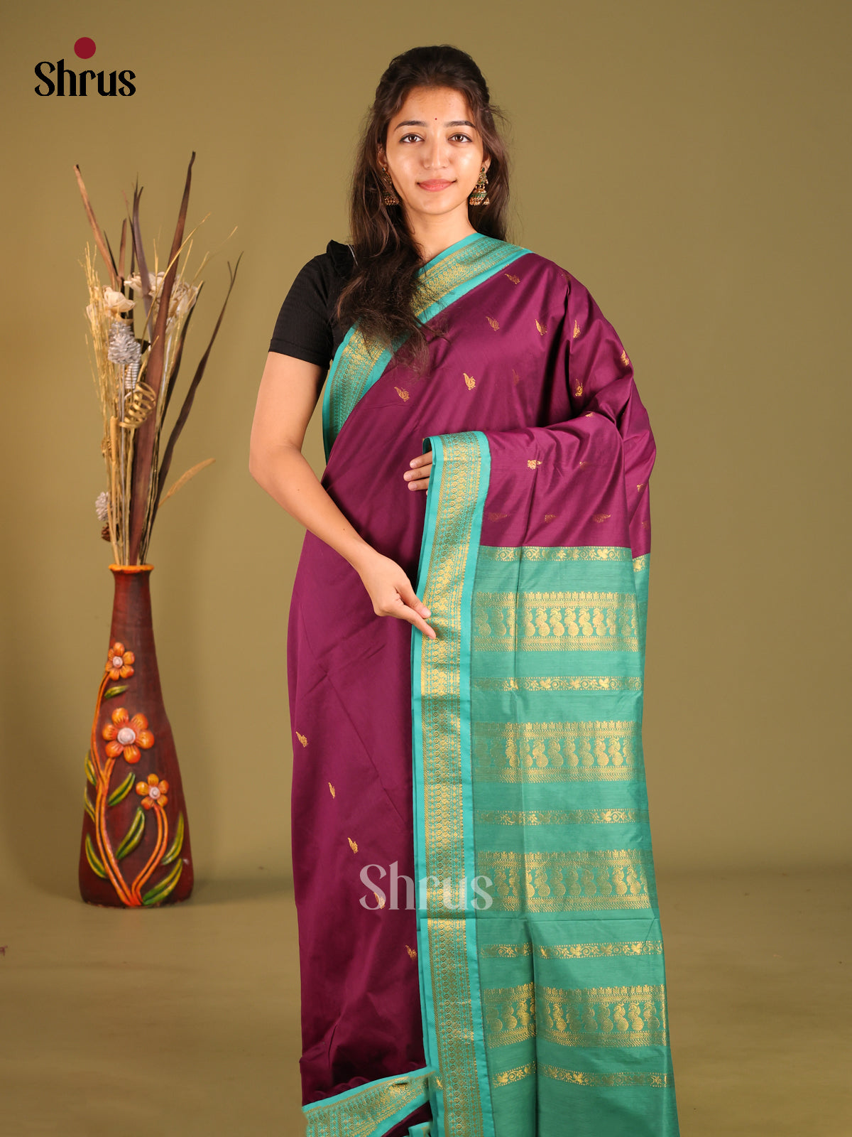 Wine & Green - Kalyani Cotton Saree - Shop on Shrus.com