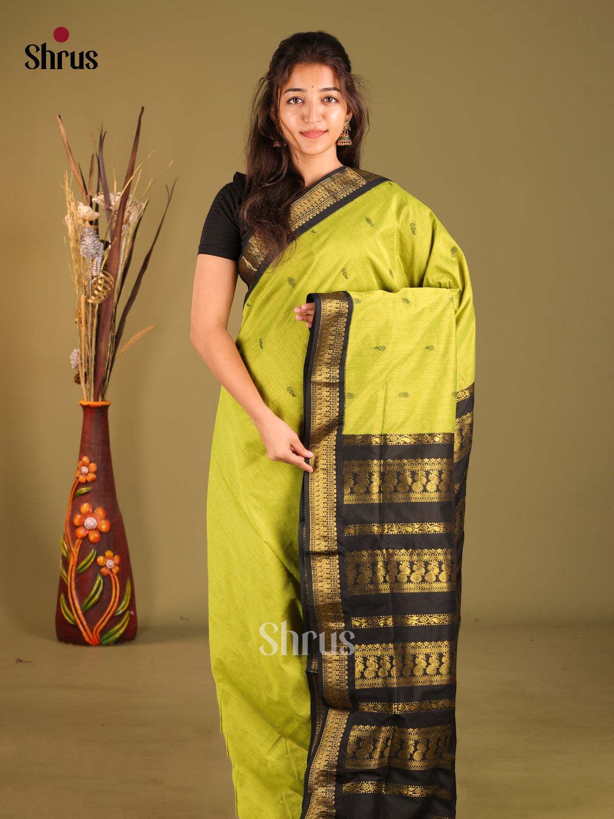 Light Green & Black - Kalyani Cotton Saree - Shop on Shrus.com