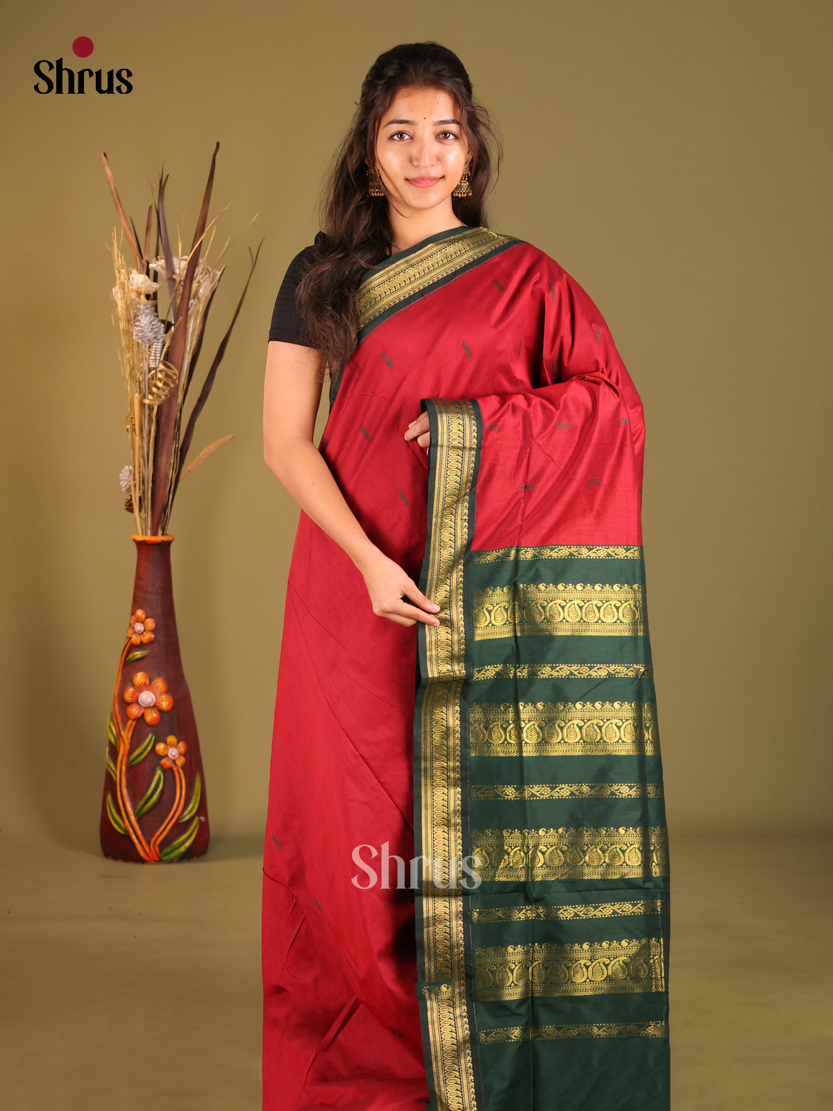 Red & Green - Kalyani Cotton Saree - Shop on Shrus.com