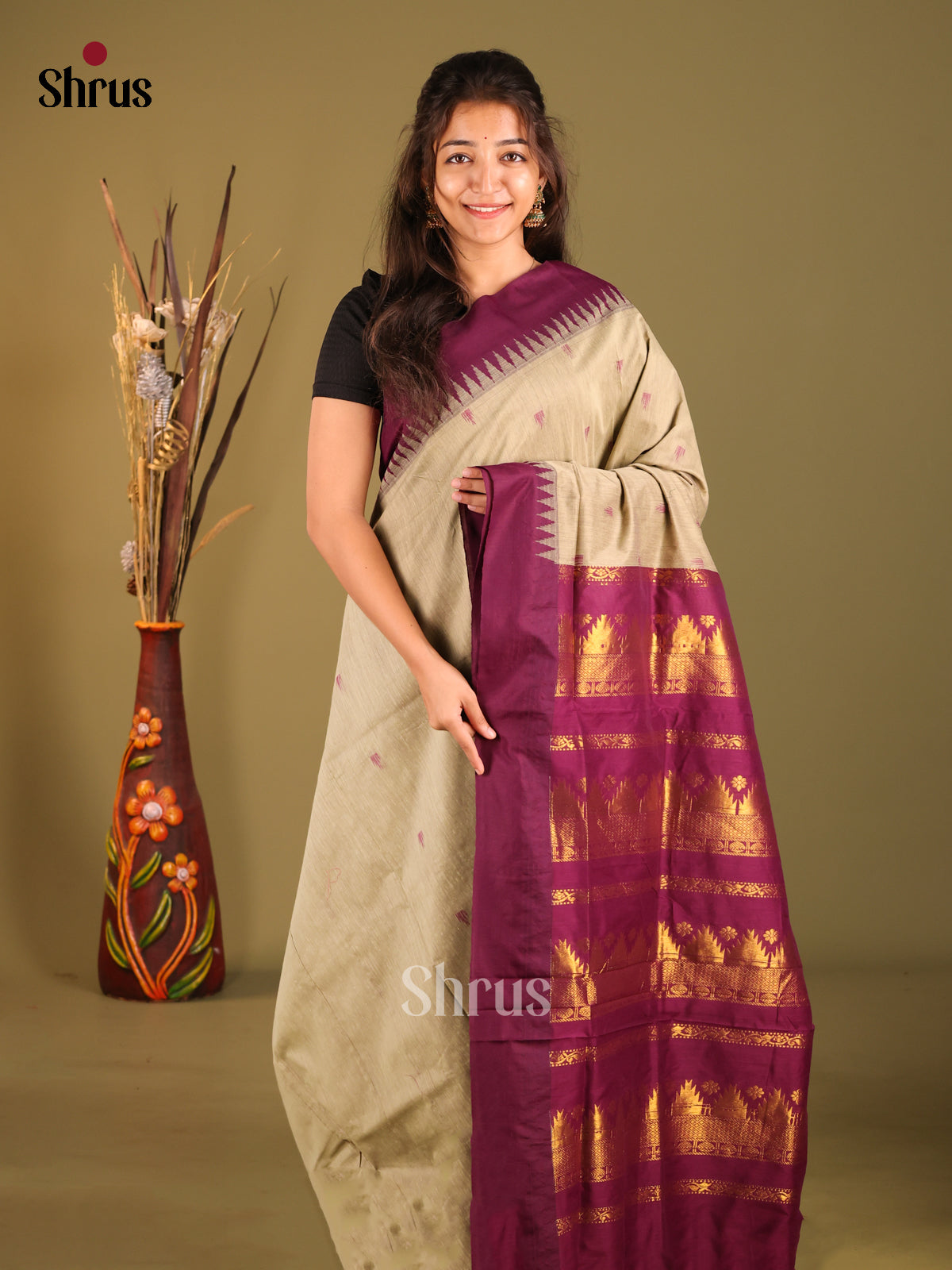 Grey & Maroon - Kalyani Cotton Saree - Shop on Shrus.com