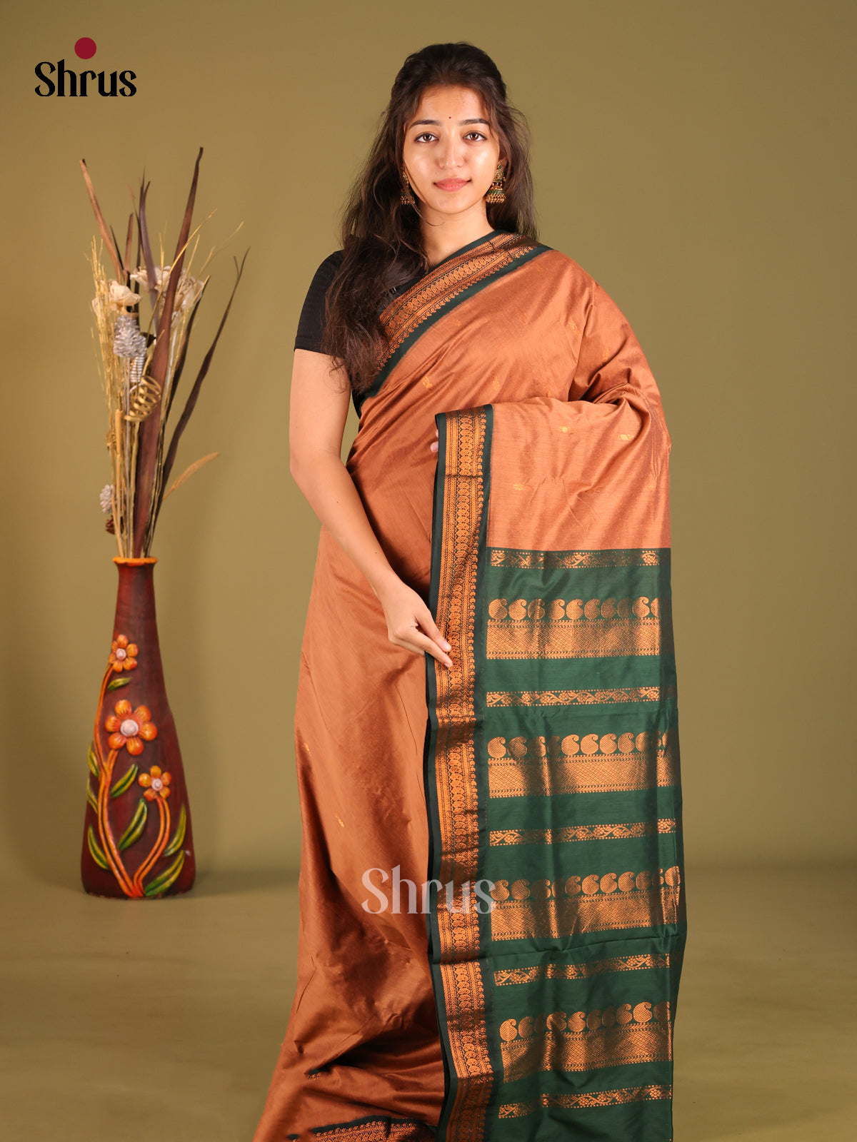Brown & Green - Kalyani Cotton Saree