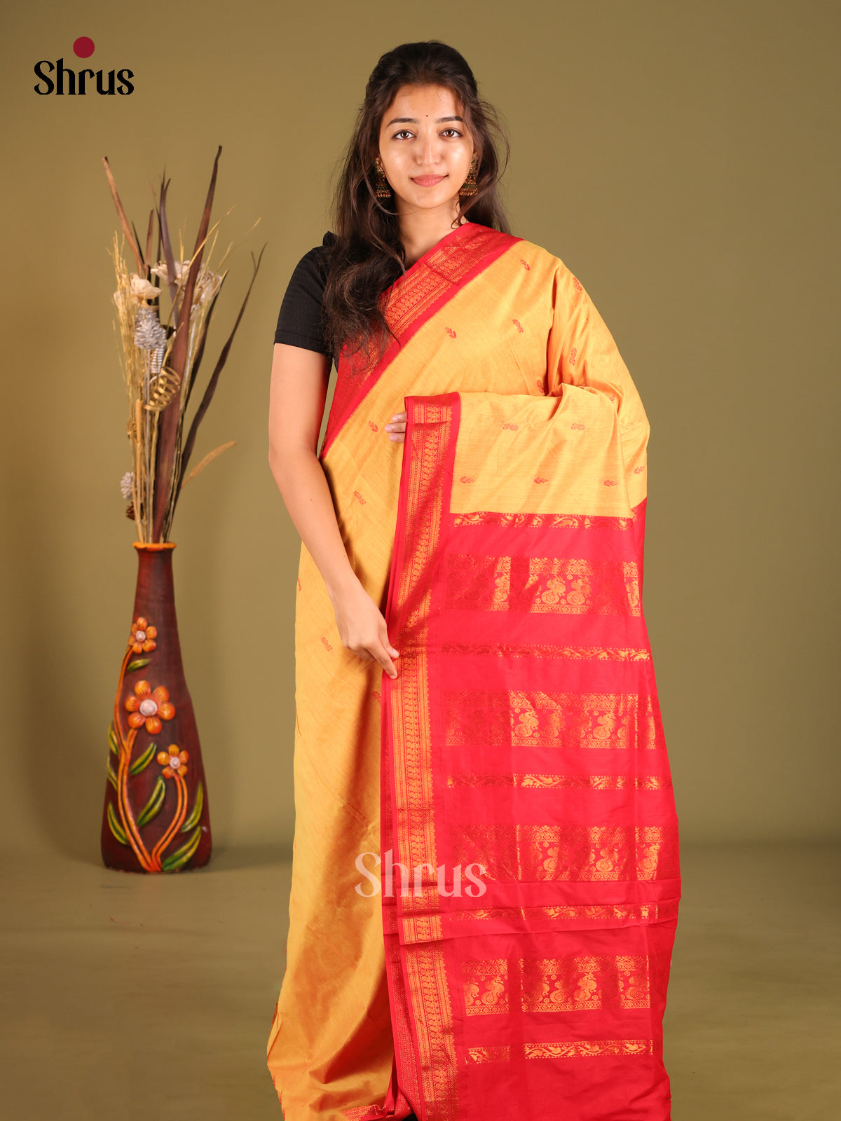 Pale Yellow & Red - Kalyani Cotton Saree - Shop on Shrus.com