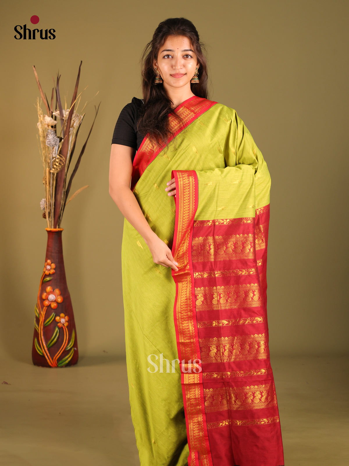 Light Green & Red - Kalyani Cotton Saree - Shop on Shrus.com