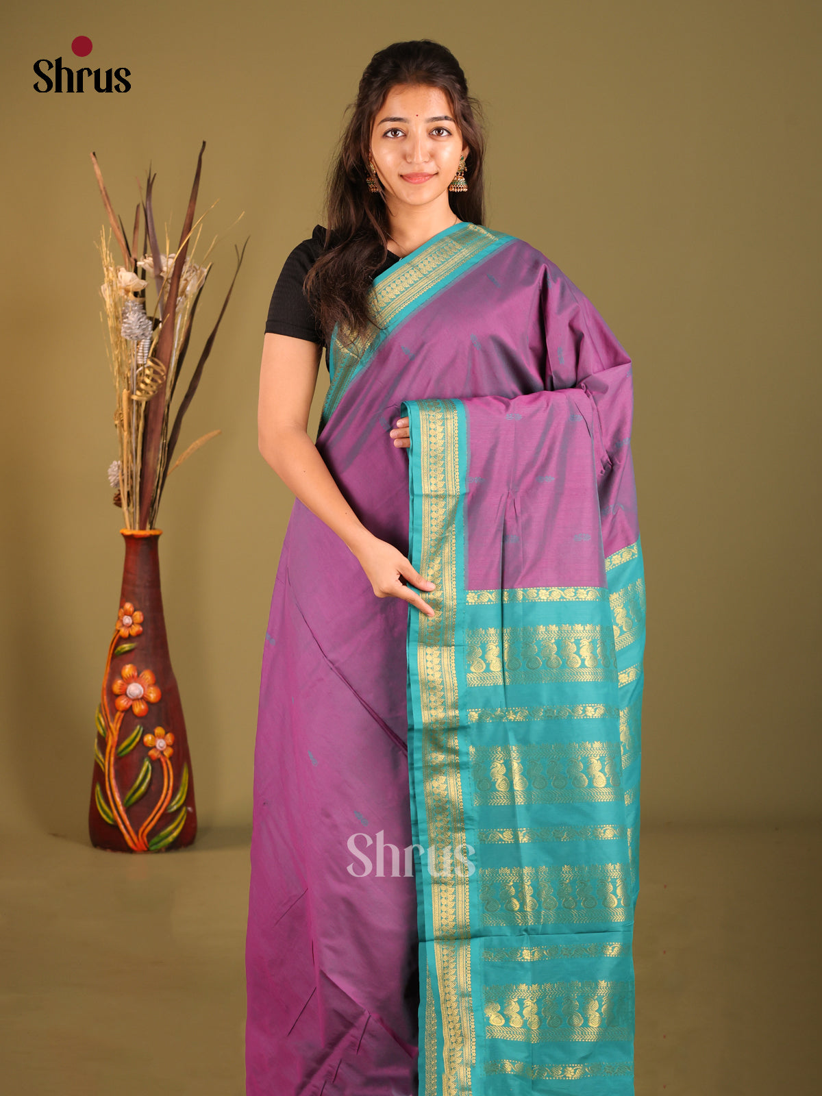 Purple & Teal - Kalyani Cotton Saree - Shop on Shrus.com
