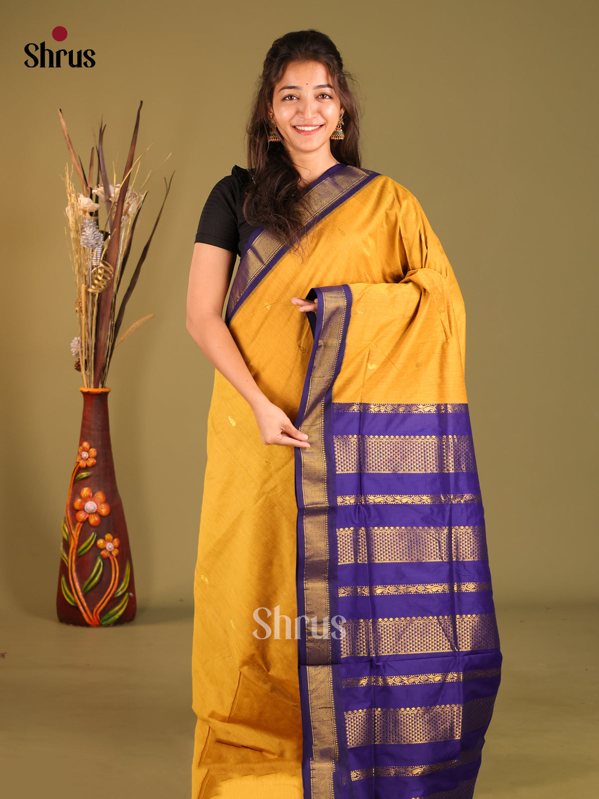 Yellow & Blue - Kalyani Cotton Saree - Shop on Shrus.com