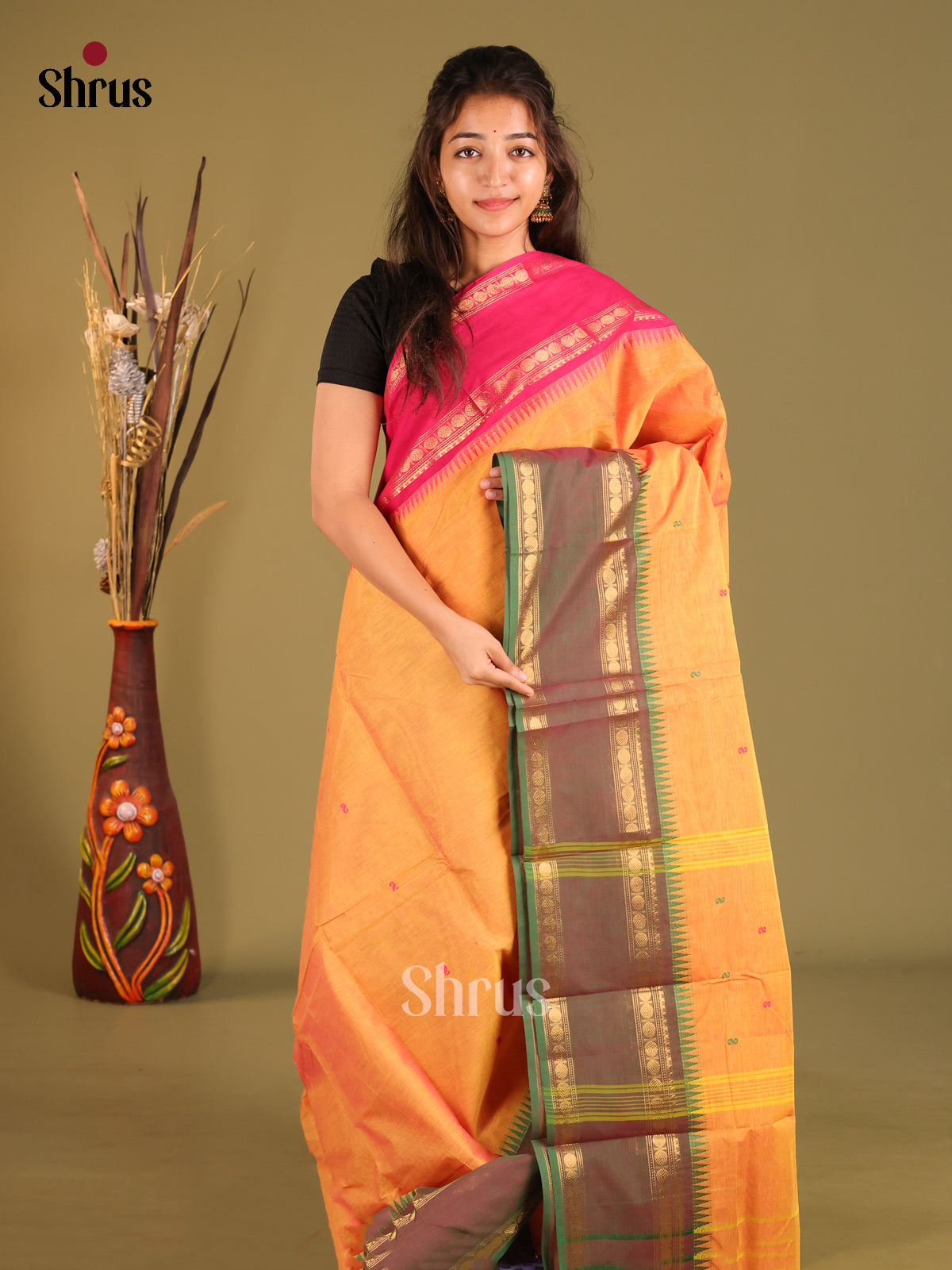 Orange & Green - Chettinad Cotton Saree