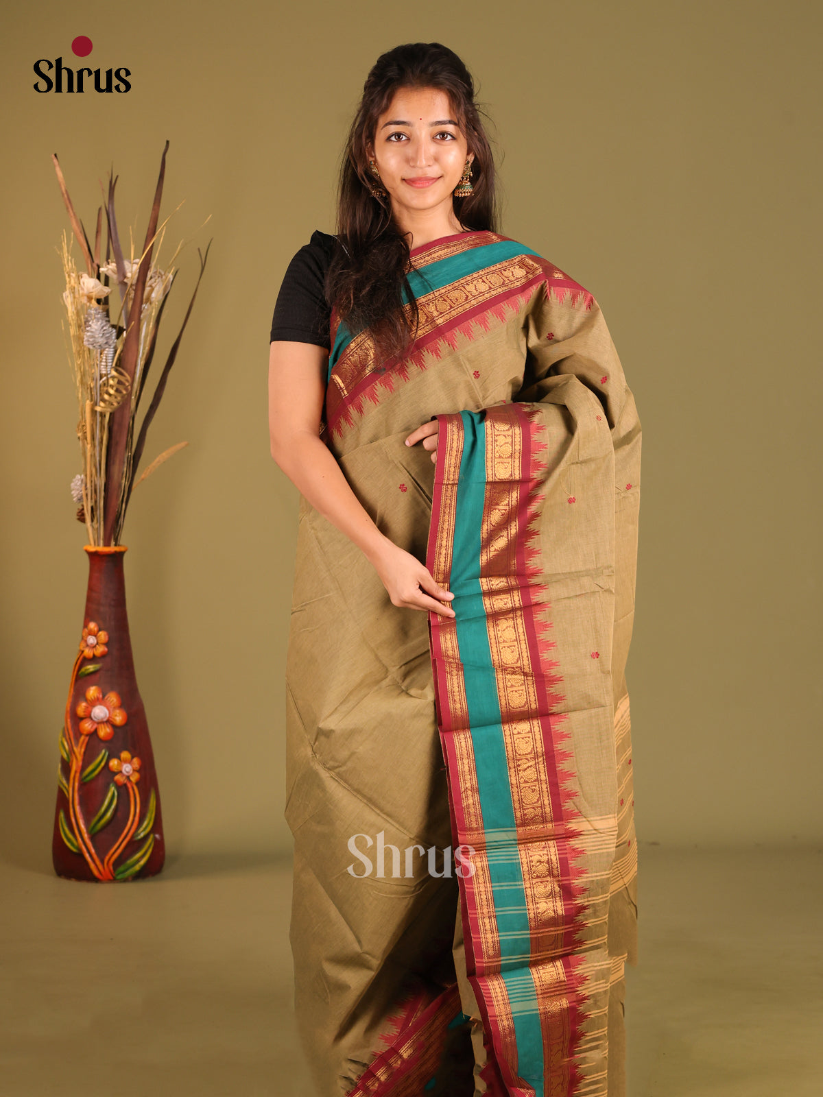 Beige & Maroon- Chettinad Cotton Saree