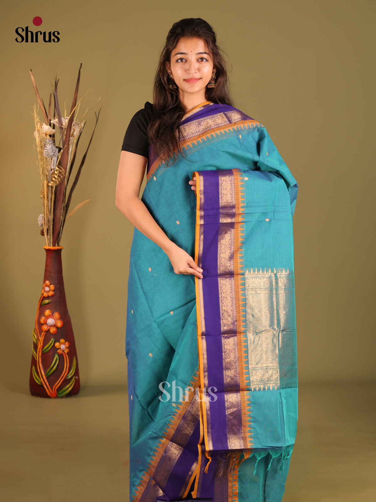 Blue & Mustard - Chettinad Cotton Saree