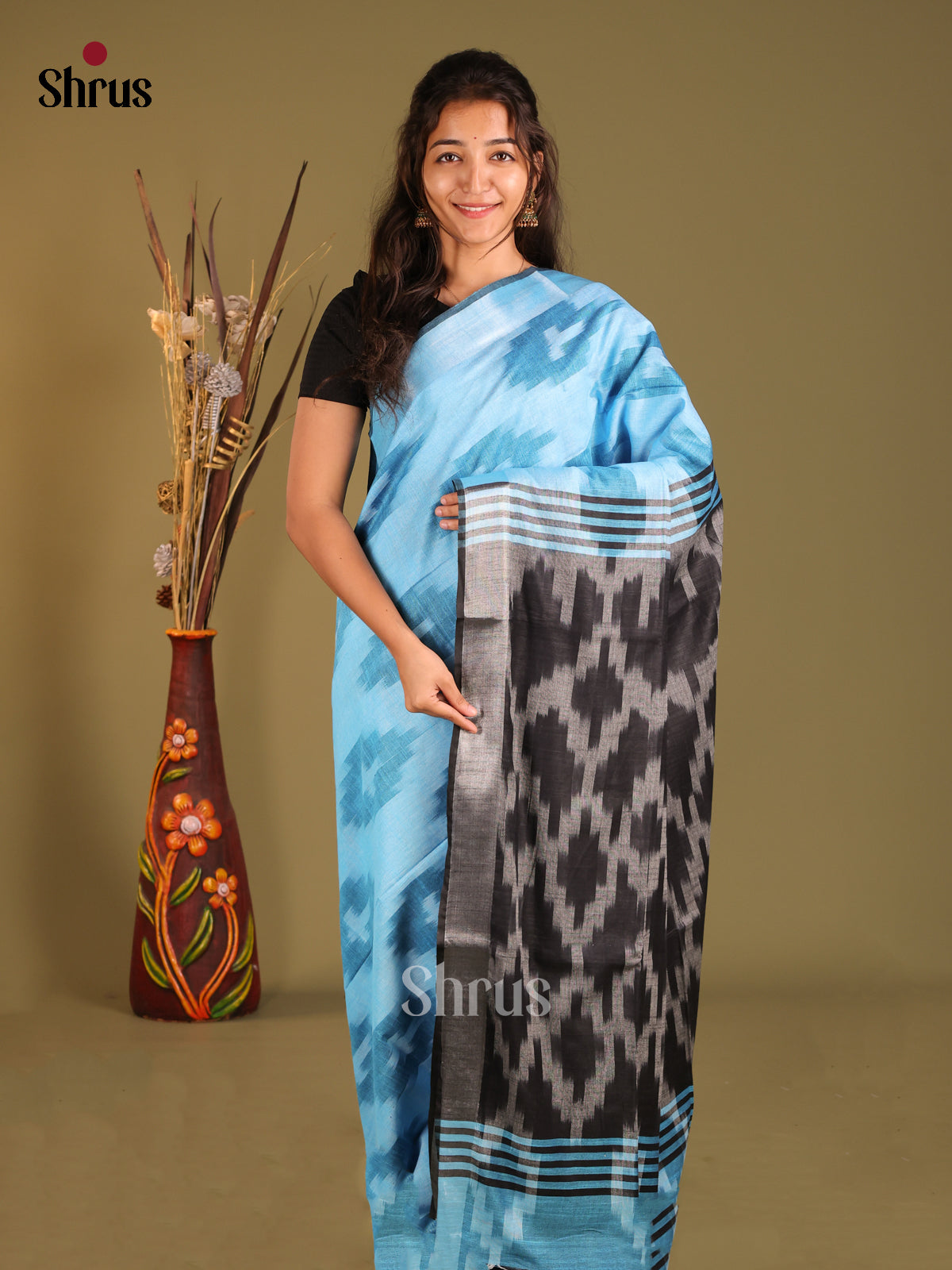 Blue & Black - Semi Ikkat Saree