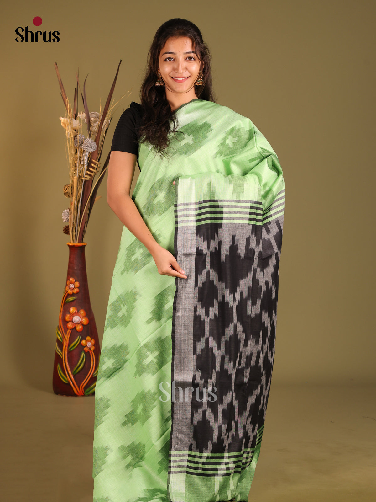 Green & Black - Semi Ikkat Saree - Shop on Shrus.com