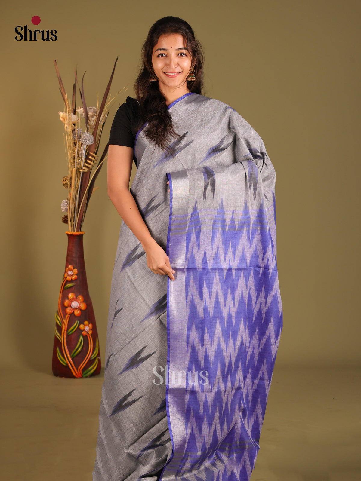 Grey & Lavender - Semi Ikkat Saree - Shop on Shrus.com