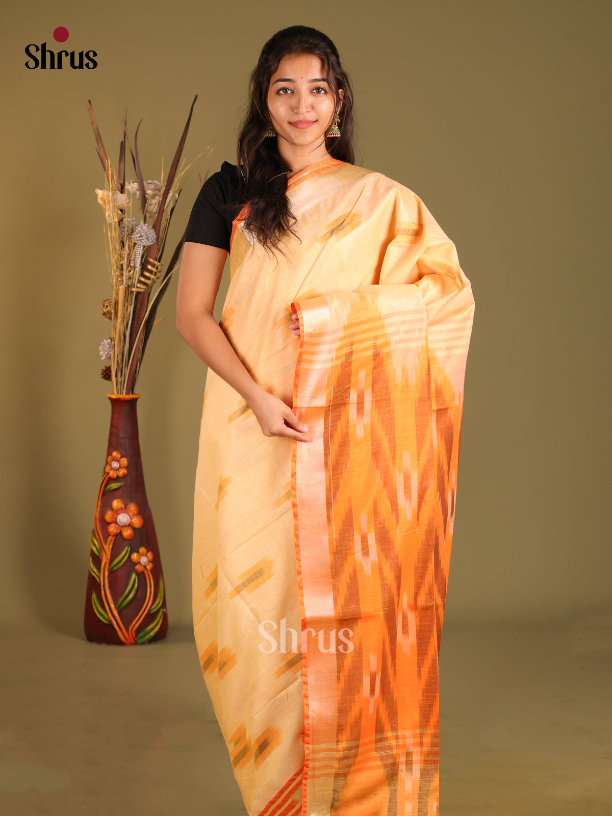 Pale yellow & Orange - Semi Ikkat Saree - Shop on Shrus.com
