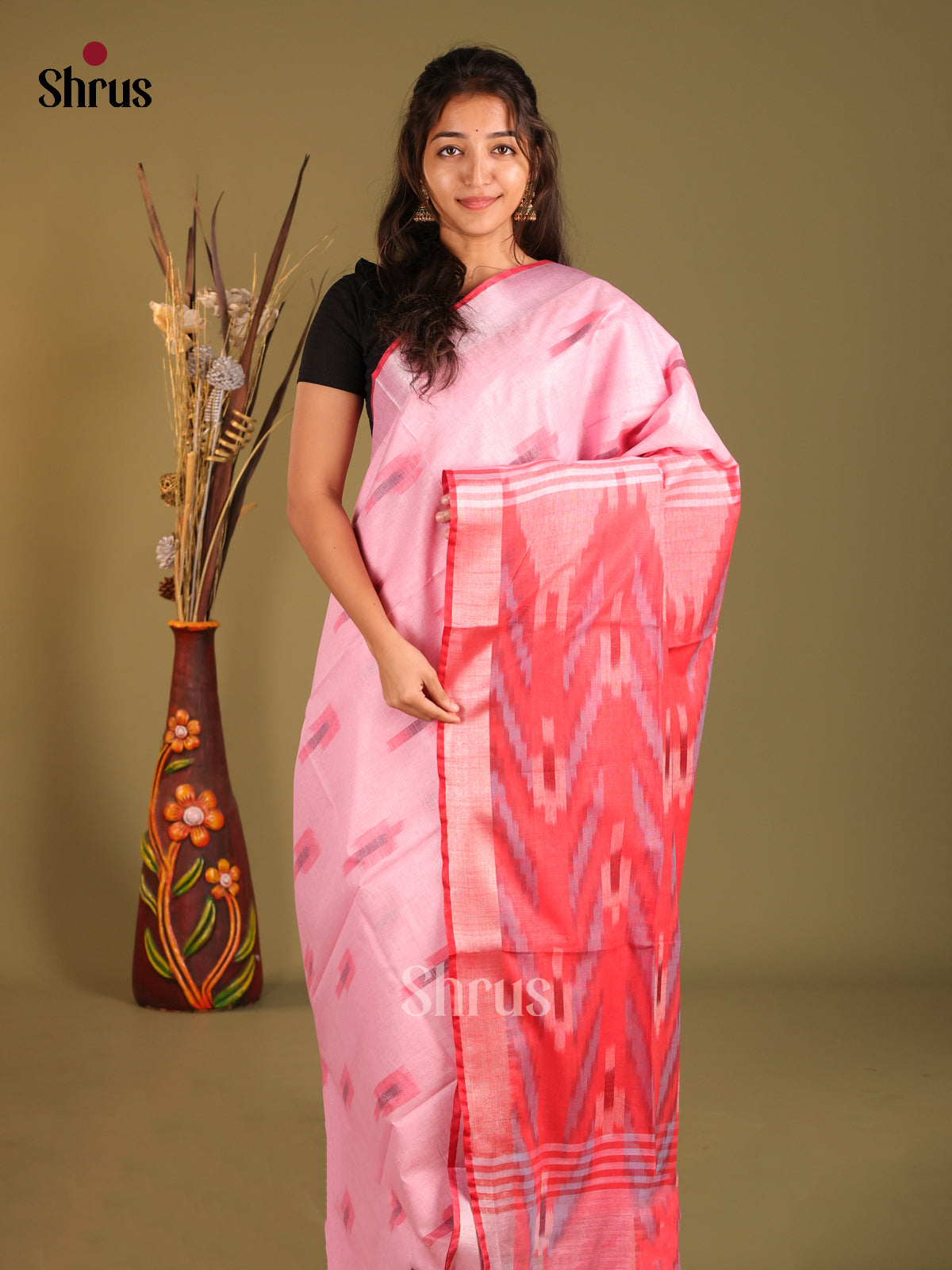 Pink & Red - Semi Ikkat Saree - Shop on Shrus.com